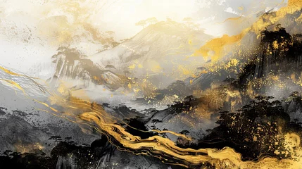 Foto op Canvas An abstract artistic background showcases a hand-painted Chinese-style landscape painting, evoking a sense of artistic conception and golden texture.  © Marry