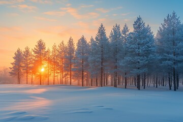Pine trees covered with snow on frosty evening. Beautiful winter panorama