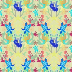 Cartoon animals seamless starfish and turtle and shell and crabs and octopus pattern for fabrics