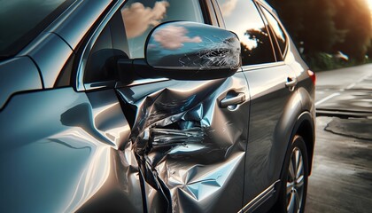 Dented Side Panel and Broken Mirror on Family Sedan - obrazy, fototapety, plakaty