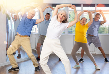 Positive elderly woman practicing Tai Chi with group of aged people, promoting health and wellness...