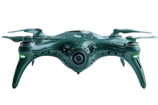 A 3D animated cartoon render of a green drone with a camera hovering in midair.