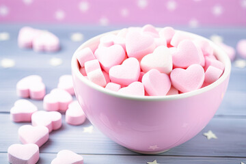 Fototapeta na wymiar A heart-shaped bowl is filled with small pink and white hearts, creating a lovely and romantic display. The contrast between the colors enhances the visual appeal of the arrangement.