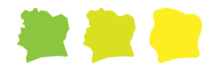 Ivory Coast country black outline and colored country silhouettes in three different levels of smoothness. Simplified maps. Vector icons isolated on white background.