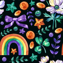 St. Patricks Day Seamless Pattern on a green background: clover, coins, rainbow. Hand drawn watercolor illustration. For paper, textile, packaging