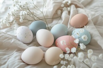 Dreamy Easter egg composition with soft pastel hues complemented by white florals, evoking a romantic spring mood