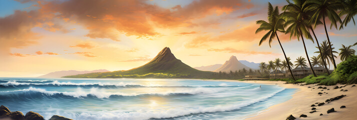 Fototapeta na wymiar Pristine Hawaiian Beachscape at Sunset: A Tropical Paradise Unleashed
