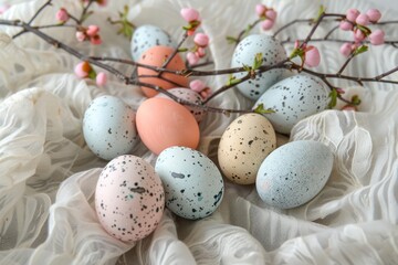 Naklejka na ściany i meble An assortment of speckled easter eggs and soft pink blossoms presented on a flowing white fabric