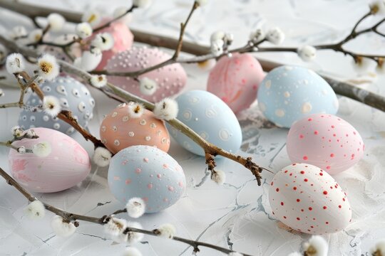 Creative and textured image showcasing pastel Easter eggs and soft pussy willow branches on a white artistic background