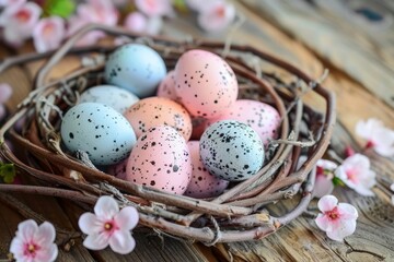 A close-up image capturing the delicate beauty of speckled pastel Easter eggs cradled in a nest of twigs surrounded by cherry blossoms