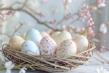 Naklejka na ściany i meble Delicate Easter eggs in soft pastel hues nestled in a handcrafted twig nest with budding flowers in a dreamy setting