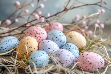Decorative speckled Easter eggs arranged on a bed of straw, featuring soft pastel colors and a rustic backdrop