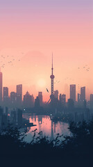 Fototapeta na wymiar A city skyline at dawn Calmness atmospheric photo footage for TikTok, Instagram, Reels, Shorts