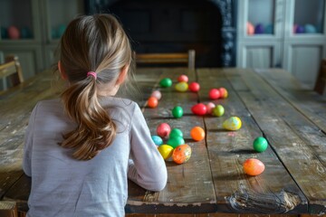 Back view of a little girl sitting at a wooden table with an array of vibrant Easter eggs lined up in front of her