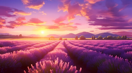 Panoramic view of lavender fields in bloom