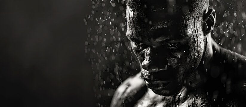 A man stands in the rain, his silhouette highlighted by the falling droplets in a black and white setting. He appears focused and determined, perhaps preparing for a challenge ahead.