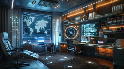 Future Home Office with World Map Holographic Display and High-Tech Workstations