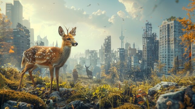 Deer Amidst Ruins in Post-Apocalyptic Urban Landscape