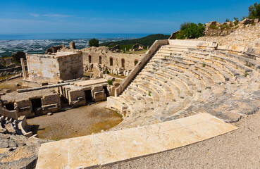Picturesque landscape overlooking the Roman amphitheater in the ancient Lycian city of Rhodiapolis,...