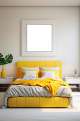 Bedroom With Yellow Bed and White Walls. AI generated
