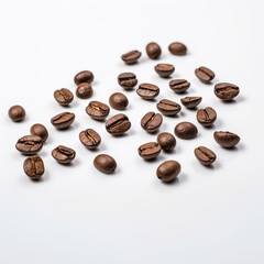 Roasted coffee beans isolated on white background, top view.