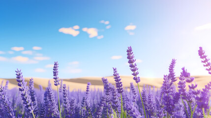 A field of lavender flowers with a blurry sky in the background