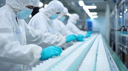 Hand in sanitary gloves checking medical vials on production line in pharmaceutical factory - obrazy, fototapety, plakaty