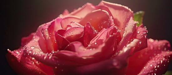 Close-up view of a pink hybrid tea rose flower covered in droplets of water, showcasing its delicate petals and intricate details.