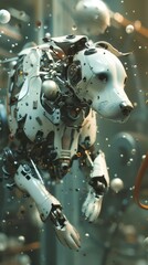 3D robotic dog embarks on a sci fi adventure through time surrounded by surreal particles and magic