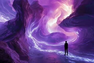 A mesmerizing scene of psychic waves in a fantasy VR environment with swirling patterns of digital lavender and psychedelic tones