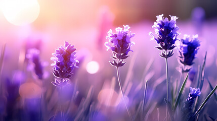Fototapeta premium A field of lavender flowers with a blurry sky in the background