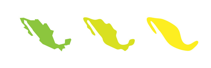 Mexico country black outline and colored country silhouettes in three different levels of smoothness. Simplified maps. Vector icons isolated on white background.