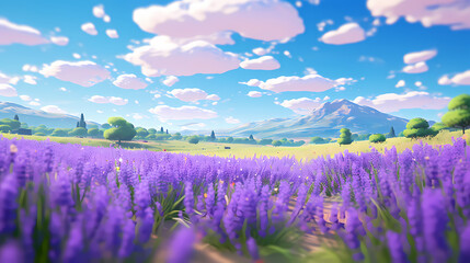 A field of lavender flowers with a blurry sky in the background