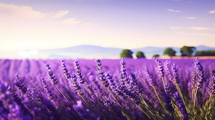 Naklejka premium A field of lavender flowers with a blurry sky in the background