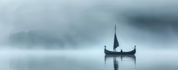 Viking Longship at Sea A Viking longship sails through misty northern waters captured with minimal atmospheric lighting and photorealistic details to evoke the eras rugged essence - obrazy, fototapety, plakaty