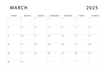 March 2025 calendar. Monthly planner template. Sunday start. Vector design