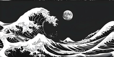 Vintage woodcut print of Japanese ocean wave engraving in classic art seamless background. Concept Japanese art, Vintage aesthetics, Ocean waves, Woodcut print, Seamless background - obrazy, fototapety, plakaty