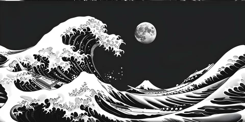 Fotobehang Vintage woodcut print of Japanese ocean wave engraving in classic art seamless background. Concept Japanese art, Vintage aesthetics, Ocean waves, Woodcut print, Seamless background © Anastasiia