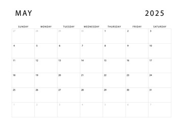 May 2025 calendar. Monthly planner template. Sunday start. Vector design
