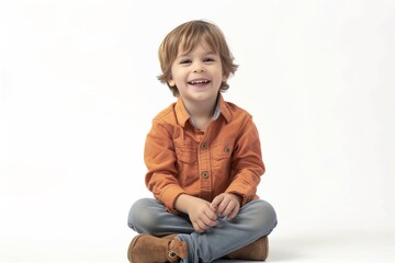 portrait with white background of a smiling 3 year old boy in orange shirt