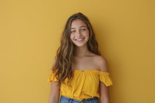 beautiful fourteen year old girl in yellow clothes on yellow background