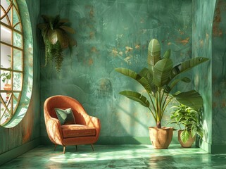 Modern interior in a green stone design with modern furniture and plants.