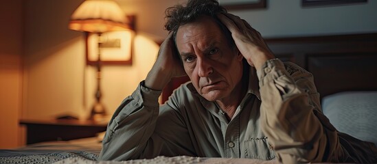 A middle aged man in pajamas is seated on a bed, visibly distressed as he holds his head, showing signs of struggling with insomnia. He appears unhappy and troubled by the situation.
