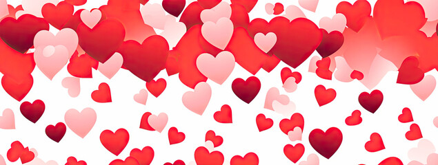 Numerous red, pink, and white hearts are floating in the air, creating a whimsical and romantic scene. The hearts are varying in sizes and drifting gently upwards, 