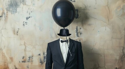 A surreal concept featuring a headless man holding a black balloon adorned with a hat - obrazy, fototapety, plakaty