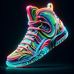 3D design of a sneaker made entirely of neon twisted tubes on a dark background.