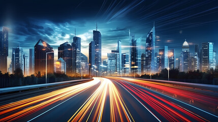 Fototapeta na wymiar Abstract speeding motion blurred city and light trails, 3D rendering