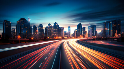 Obraz premium Abstract speeding motion blurred city and light trails, 3D rendering