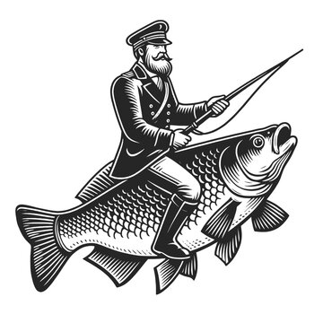 Pirate captain riding fish sketch engraving generative ai fictional character vector illustration. T-shirt apparel print design. Scratch board imitation. Black and white image.