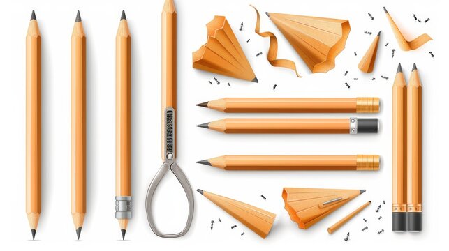 Vector illustrations of sharpened pencils, some with erasers, a sharpener, pencil shavings, and graphite, all isolated on white in a realistic style